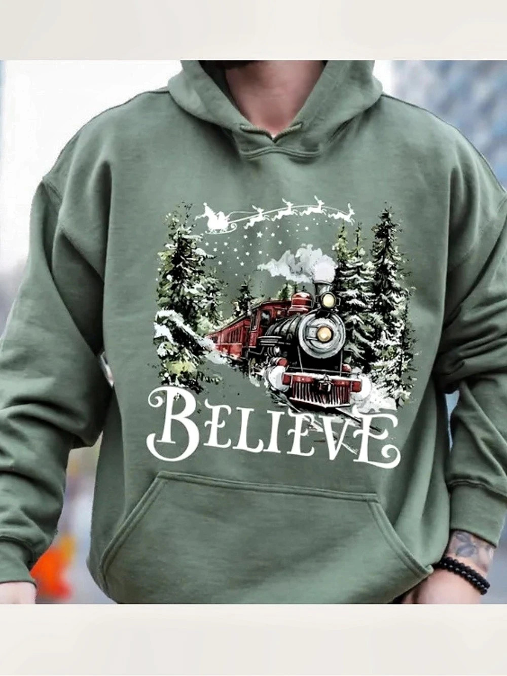 Gildan Green Believe Christmas Train Hoodie, Snow Christmas Holiday Sweatshirt